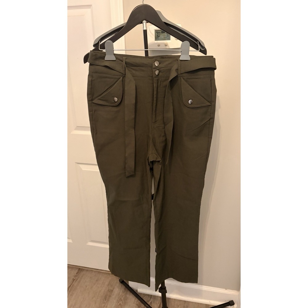 Nicole Miller Olive Green Utility Pants High Waist Cargo Trousers Size 12 Belted
